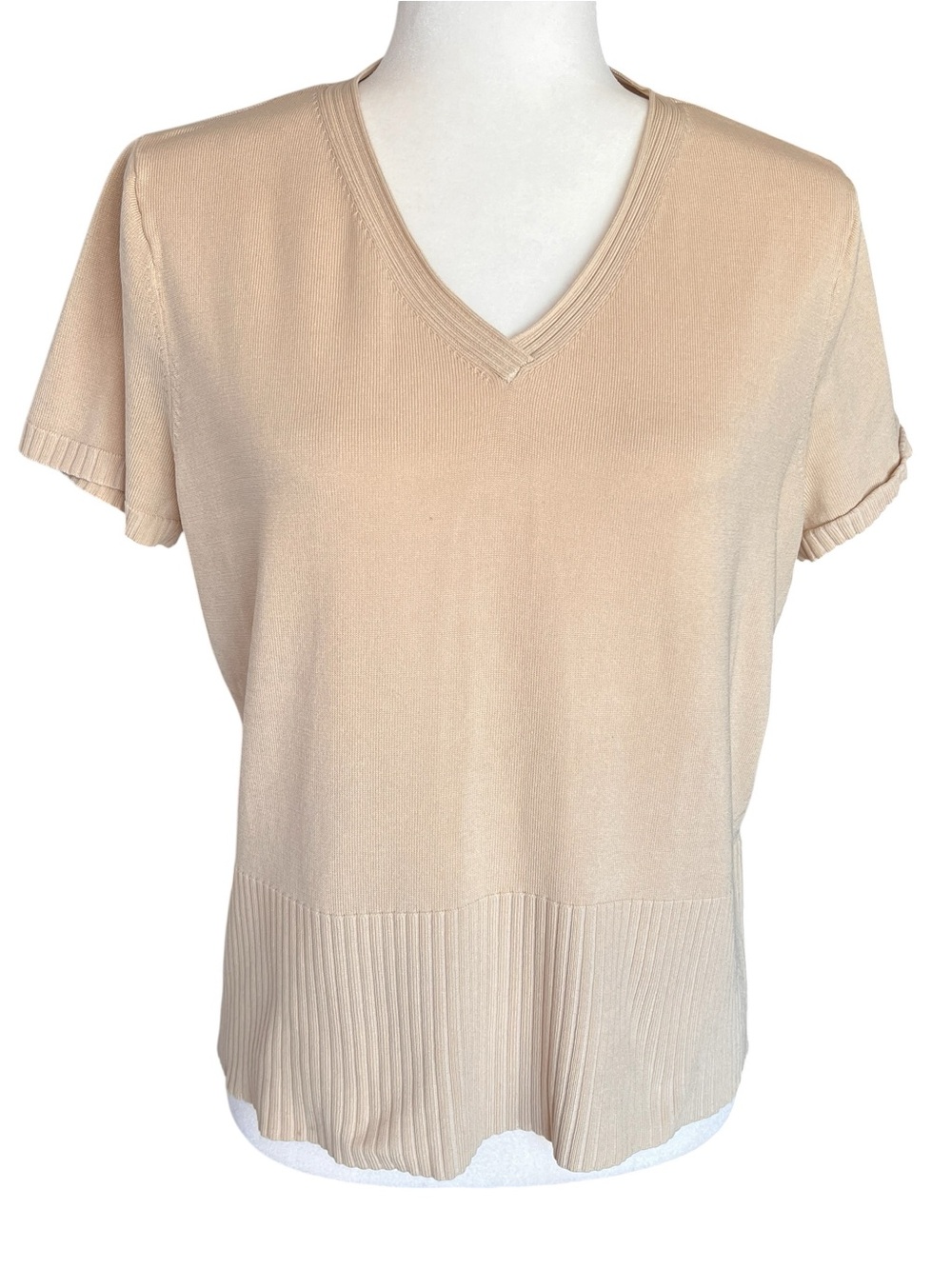 Vintage Liz Claiborne Silk Sweater Top Short Sleeve Neutral Beige Womens Large - Picture 1 of 6